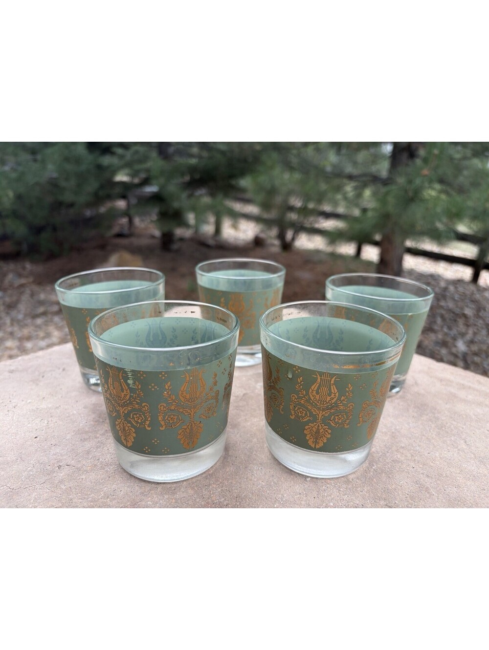 SET 5 Vintage Jeanette Glasses LAUREL & LYRE Green Gold Harp 1954 MCM